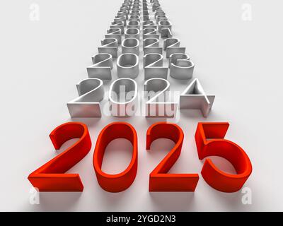 Numero rosso del nuovo anno 2025 vicino ai vecchi anni. Festeggiate il concetto di vacanza Foto Stock