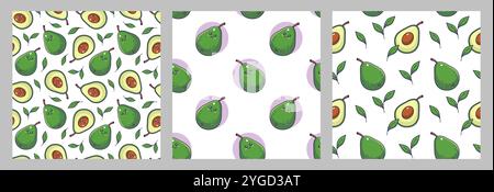 Carino personaggio Kawaii Avocado intero e tagliato insieme di motivi senza cuciture. Illustrazione vettoriale disegnata a mano. Personaggio avocado in stile manga Cartoon. Collezione di fantasie avocado Illustrazione Vettoriale