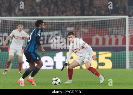 Stoccarda, Germania. 6 novembre 2024. v.li. Jose dos Santos Ederson (Atalanta Bergamo, #13), Angelo Stiller (VfB Stoccarda, #06) GER, VfB Stoccarda vs. Atalanta Bergamo, Fussball, Herren, UEFA Champions League, 4. Spieltag, Spielzeit 2024/2025, 06.11.2024, foto: Eibner-Pressefoto/Wolfgang Frank credito: dpa/Alamy Live News Foto Stock