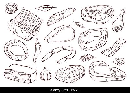 Carne in stile art. Vari prodotti a base di carne come prosciutto, pollo, manzo, salsiccia, salame, maiale. Design per banner, menu, volantino e. Illustrazione Vettoriale