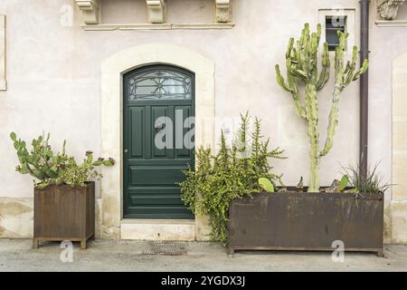 Facciata di una tipica casa cittadina con cactus verdi e porta vecchia in una città mediterranea (Siracusa) in Sicilia, Italia, Europa Foto Stock