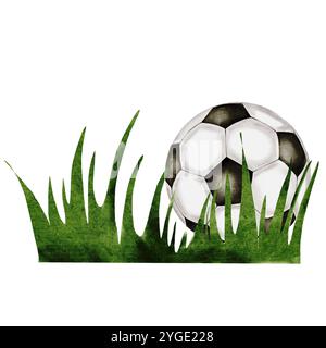 Pallone da calcio acquerello. Pallina da calcio sull'erba illustrazione disegnata a mano isolata su sfondo bianco. Attrezzature sportive. Per il logo della squadra di calcio Foto Stock