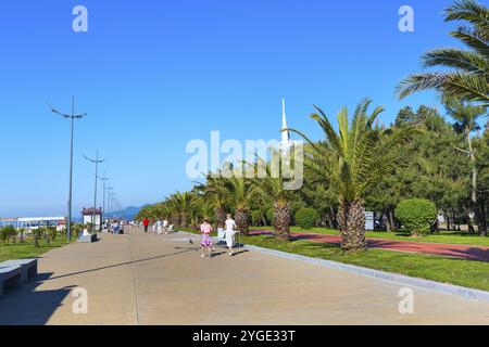 Batumi, Georgia, 30 aprile 2017: Parco con palme vicino al lungomare di Batumi, Georgia e alte case moderne, Asia Foto Stock