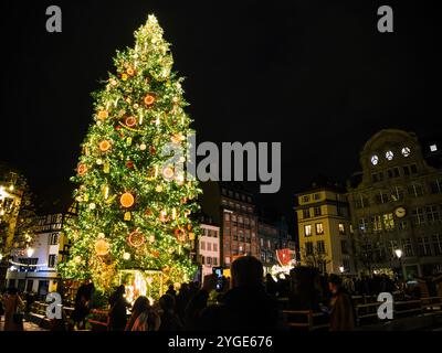 Strasburgo, Francia - 23 dicembre 2024: Un grande albero di Natale decorato illuminato di luci festose nel centro di Strasburgo di notte, circondato da edifici storici e visitatori Foto Stock