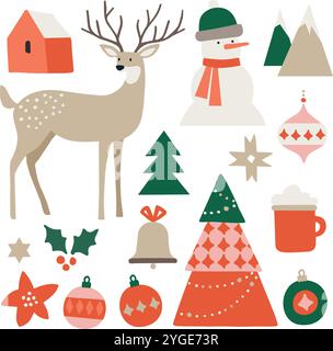 Set di illustrazioni natalizie retrò disegnate a mano. Cervi, pupazzo di neve, palle ornamenti natalizi. Albero di Natale, stelle e casa scandinava. Inverno Illustrazione Vettoriale