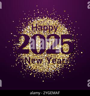 Congratulazioni per il nuovo anno 2025 con la palla dorata decorativa. Biglietto d'auguri quadrato. Concetto creativo di decorazione natalizia. Dorso dorato lucido Illustrazione Vettoriale