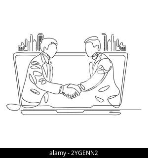 Tenere le mani per disegnare una linea continua. Una linea d'arte, la gente stringe la mano una linea. Stringere la mano per concludere un accordo. Business deal per l'illustrazione vettoriale Illustrazione Vettoriale