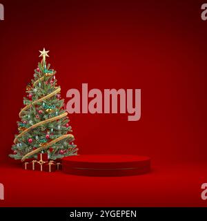Sfondo rosso natalizio sul podio per l'esposizione dei prodotti con albero di Natale e regali, rendering 3d. Foto Stock
