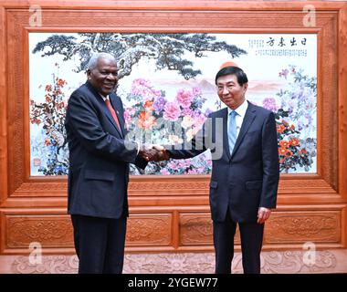 Pechino, Cina. 7 novembre 2024. Wang Huning, presidente del Comitato nazionale della Conferenza consultiva politica del popolo cinese, incontra Esteban Lazo Hernandez, presidente dell'Assemblea nazionale del potere popolare di Cuba, a Pechino, capitale della Cina, il 7 novembre 2024. Crediti: Rao Aimin/Xinhua/Alamy Live News Foto Stock