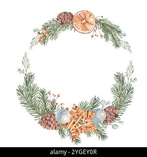 Corona di Natale con piante invernali e giocattolo stellare in vimini. Cornice circolare. Illustrazione botanica disegnata a mano dei rami di Fir, eucalipto Foto Stock