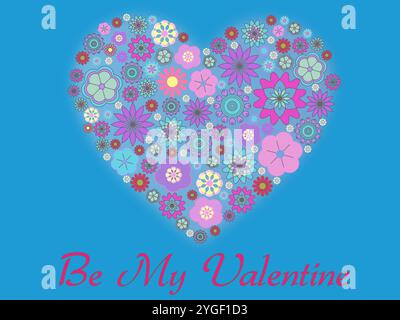 Sfondo blu con un cuore fatto di fiori e le parole "Be My Valentine" scritte sotto di esso Illustrazione Vettoriale