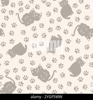 Sfondo vettoriale uniforme neutro Cat e PAW. Sfondo con silhouette di gatti seduti e sdraiati in una disposizione sparsa. Ecru beige Illustrazione Vettoriale