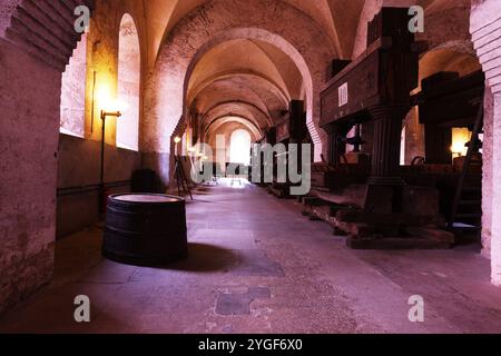 Kloster Eberbach, Rhein, Kloster, Filmkulisse, Weinkeller, Weinfass, Presse, Weinpresse, Traubenpresse, Filmkulisse für im Namen der Rose Foto Stock