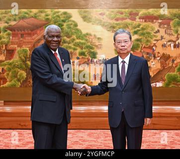 Pechino, Cina. 7 novembre 2024. Zhao Leji, presidente del Comitato permanente del Congresso nazionale del popolo, tiene colloqui con Esteban Lazo Hernandez, presidente dell'Assemblea nazionale del potere popolare di Cuba, a Pechino, capitale della Cina, il 7 novembre 2024. Crediti: Rao Aimin/Xinhua/Alamy Live News Foto Stock