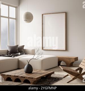 Telaio per poster in stile scandinavo. Soggiorno minimalista con arredi in legno. Illustrazione 3D. Foto Stock