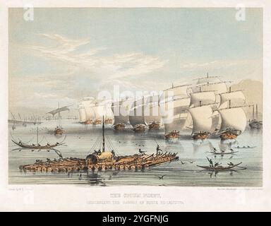 "La flotta dell'oppio, scendendo il Gange en Route to Calcutta" litografia di Walter S. Sherwill (1811-1863) che mostra una flotta di navi a vela che trasportano oppio, nota le canoe davanti che battono i tamburi per annunciare la "compagnia Bahadur" rivendica un passaggio chiaro. La zattera di legno in primo piano è il legno del Nepal destinato a diventare le casse di imballaggio per l'oppio. Fotografia di una litografia originale pubblicata nel 1851 da McClure, Macdonald & MacGregor Lith., Londra. Crediti: Collezione privata / AF fotografie Foto Stock