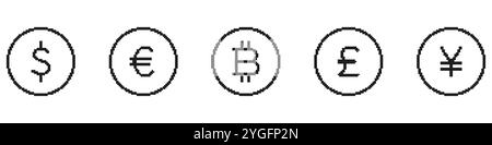 Set linea icone pixel Art Dollar, Euro e Bitcoin. Raccolta simboli contorno valuta in pixel stile retro. Illustrazione del vettore isolato Illustrazione Vettoriale