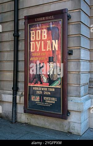 Poster del tour "Rough and Rowdy Ways" di Bob Dylan fuori dalla Usher Hall di Edimburgo, Scozia, Regno Unito. Foto Stock