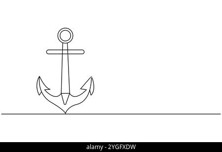 Disegno continuo di una linea dell'ancora. Semplice illustrazione dell'elemento nautico marittimo line art Illustrazione Vettoriale