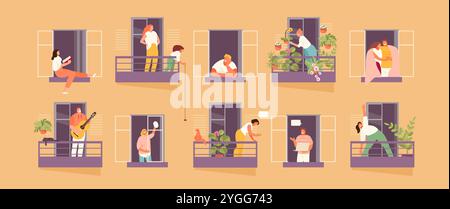 Le persone che si trovavano nelle finestre e nei balconi restavano a casa. Vita domestica e quartiere. Illustrazione vettoriale Illustrazione Vettoriale