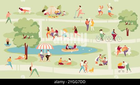 C'è una grande folla di persone nel parco. Illustrazione vettoriale di attività ricreative, sportive e all'aperto Illustrazione Vettoriale