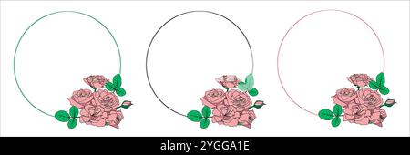Cornici circolari decorative con rose e foglie Illustrazione Vettoriale