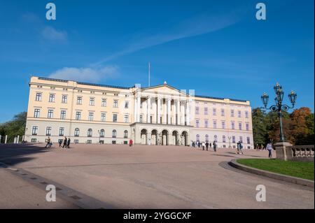 All'estremità superiore dell'edificio che si affaccia sulla porta di Karl Johans si trova il Palazzo reale, la residenza ufficiale dell'attuale monarca norvegese, il loro maestoso Foto Stock