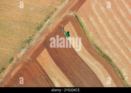 Vista aerea dell'aratura del trattore, Sudafrica Foto Stock