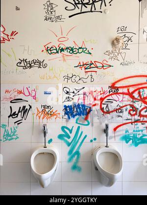 Graffiti nell'orinatoio maschile, in un bagno pubblico Foto Stock