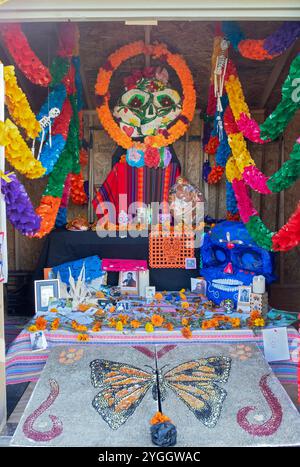 All'interno di un'ofrenda che dà il benvenuto ai morti in una celebrazione dia de los Muertos presso la Cultivar Farm a Red Hook New York. Foto Stock