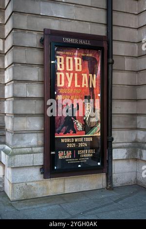 Poster del tour "Rough and Rowdy Ways" di Bob Dylan fuori dalla Usher Hall di Edimburgo, Scozia, Regno Unito. Foto Stock