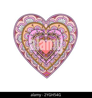 Disegno a forma di doodle a forma di cuore colorato. Biglietto d'auguri d'amore romantico per San Valentino. Inchiostro nero isolato su bianco. Pagina di colorazione per adulti antistress Illustrazione Vettoriale