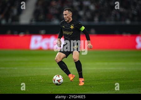 Francoforte, Germania. 7 novembre 2024. Francoforte, Germania, 7 novembre 2024 FRANCOFORTE, GERMANIA - 7 NOVEMBRE: Jan Boril di Slavia Praga in azione durante la partita di UEFA Europa League tra Eintracht Francoforte e Slavia Praga al Deutsche Bank Park il 7 novembre 2024 a Francoforte, Germania. (Foto di Dan o' Connor/ATPImages) Dan o' Connor (Dan o' Connor/ATP Images/SPP) crediti: SPP Sport Press Photo. /Alamy Live News Foto Stock