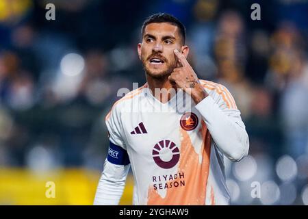 Bruxelles, Belgio. 7 novembre 2024. BRUXELLES, BELGIO - 7 NOVEMBRE: Lorenzo Pellegrini dell'AS Roma gesta durante la partita MD4 di UEFA Europa League 2024/25 League tra R. Union Saint-Gilloise e AS Roma allo stadio King Baudouin il 7 novembre 2024 a Bruxelles, Belgio. (Foto di René Nijhuis/MB Media) credito: MB Media Solutions/Alamy Live News Foto Stock