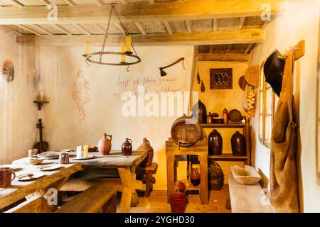 Ricreazione dell'atmosfera familiare degli abitanti delle casette. Il Vicolo d'Oro, luoghi iconici del Castello di Praga. Complesso del Castello di Praga. PR Foto Stock