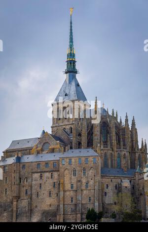 Vista di le Mont Saint Michel dalla spiaggia formata con la bassa marea. Normandia, manche, Avranches, Pontorson, Francia, Europa occidentale. Foto Stock