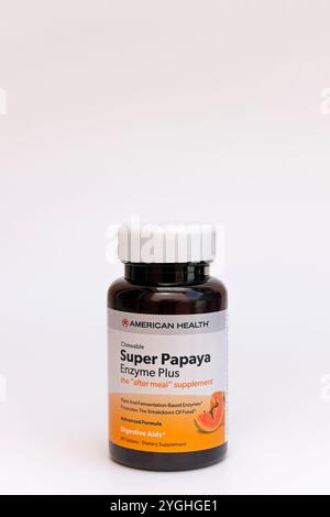 Super Papaya Enzyme Plus Chewable Tablets aiuto digestivo per la degradazione dopo il pasto degli alimenti. Foto Stock