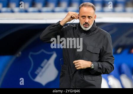 Sinsheim, Germania. 7 novembre 2024. Pellegrino Matarazzo (Rino, Trainer, Cheftrainer, Hoffenheim), Einzelbild, Einzelfoto, Aktion, Action, 07.11.2024, Sinsheim (Deutschland), Fussball, UEFA Europa League, Gruppenphase, TSG 1899 Hoffenheim - Olympique Lyon, I REGOLAMENTI VIETANO QUALSIASI USO DI FOTOGRAFIE COME SEQUENZE DI IMMAGINI E/O QUASI-VIDEO. Credito: dpa/Alamy Live News Foto Stock