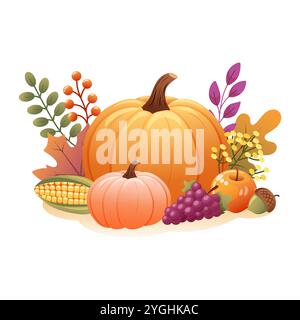 Illustrazione del vettore del raccolto autunnale con zucche, mais, uva, mela, ghianda e foglie autunnali. Illustrazione Vettoriale