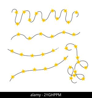 Le ghirlande gialle luminose si illuminano su una corda riccia, disegnata in stile vettoriale doodle. Ideale per eventi di Natale, Capodanno o compleanno in stile piatto, colorato e festivo Illustrazione Vettoriale