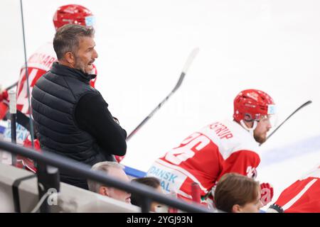 Landshut, Germania. 7 novembre 2024. Hockey su ghiaccio: Germania Cup, Germania - Danimarca, fase a gironi, giorno partita 1. L'allenatore della Danimarca Mikael Gath (davanti l) dà istruzioni alla sua squadra. Crediti: Daniel Löb/dpa/Alamy Live News Foto Stock