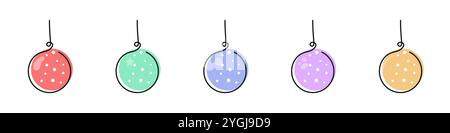 Set di icone di decorazioni per alberi di Natale. Un set di coloratissimi giocattoli natalizi. Palle natalizie per la decorazione. Vettore interno natalizio. Atmosfera di Capodanno Illustrazione Vettoriale