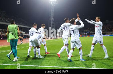 Riga, Lettonia. 7 novembre 2024. Mario Stroeykens dell'Anderlecht festeggia dopo aver segnato durante una partita di calcio tra il lettone Rigas FS e il belga RSC Anderlecht, a riga, Lettonia, giovedì 07 novembre 2024, il quarto giorno della fase di campionato del torneo UEFA Europa League. BELGA PHOTO VIRGINIE LEFOUR credito: Belga News Agency/Alamy Live News Foto Stock