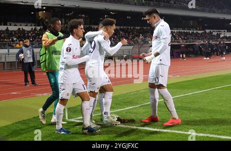 Riga, Lettonia. 7 novembre 2024. Mario Stroeykens dell'Anderlecht festeggia dopo aver segnato durante una partita di calcio tra il lettone Rigas FS e il belga RSC Anderlecht, a riga, Lettonia, giovedì 07 novembre 2024, il quarto giorno della fase di campionato del torneo UEFA Europa League. BELGA PHOTO VIRGINIE LEFOUR credito: Belga News Agency/Alamy Live News Foto Stock