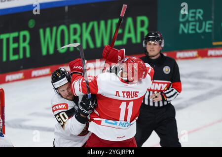 Landshut, Germania. 7 novembre 2024. Hockey su ghiaccio: Germania Cup, Germania - Danimarca, fase a gironi, giorno partita 1. Il tedesco Patrick Hager (l) e il danese Alexander True Clash. Crediti: Daniel Löb/dpa/Alamy Live News Foto Stock