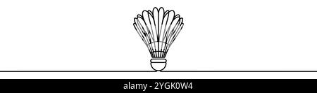 Un'illustrazione a linea continua di un rubinetto di badminton, isolato su sfondo bianco. Arte di linea di badminton shuttlecock Illustrazione Vettoriale