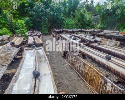 Coltivazione tradizionale del sale, estrazione di sale da parte dei famosi produttori di sale. Produzione di sale d'acqua marina attraverso l'evaporazione a Bali, Indonesia Foto Stock