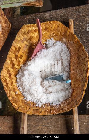 Coltivazione tradizionale del sale, estrazione di sale da parte dei famosi produttori di sale. Produzione di sale d'acqua marina attraverso l'evaporazione a Bali, Indonesia Foto Stock