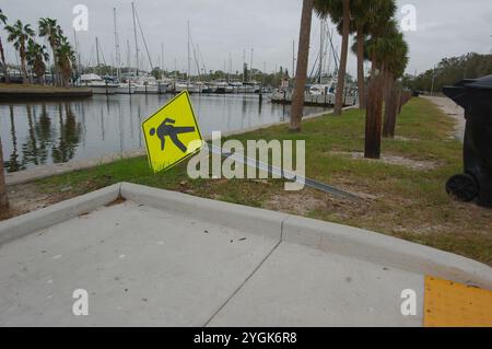 Curva a S di Seawall sulla destra con palme verdi. Soffiato sopra il cartello giallo riflettente per pedoni Crossing Road, lato destro del lungomare. Vista I. Foto Stock