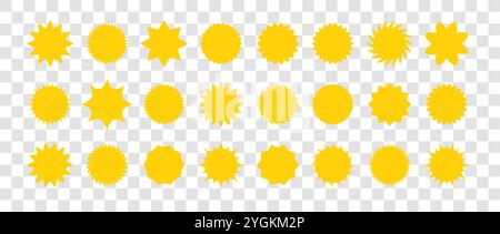 Set di prezzo giallo Starburst. Distintivi Sunburst. Vettore adesivo a stella su sfondo trasparente. Etichette semplici in stile piatto Illustrazione Vettoriale